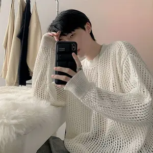 Men Hollow Top Mesh Fishnet Round Neck Loose Long Sleeve Men T-shirt Club wear Hip Hop See-through Elastic Pullover Party Top