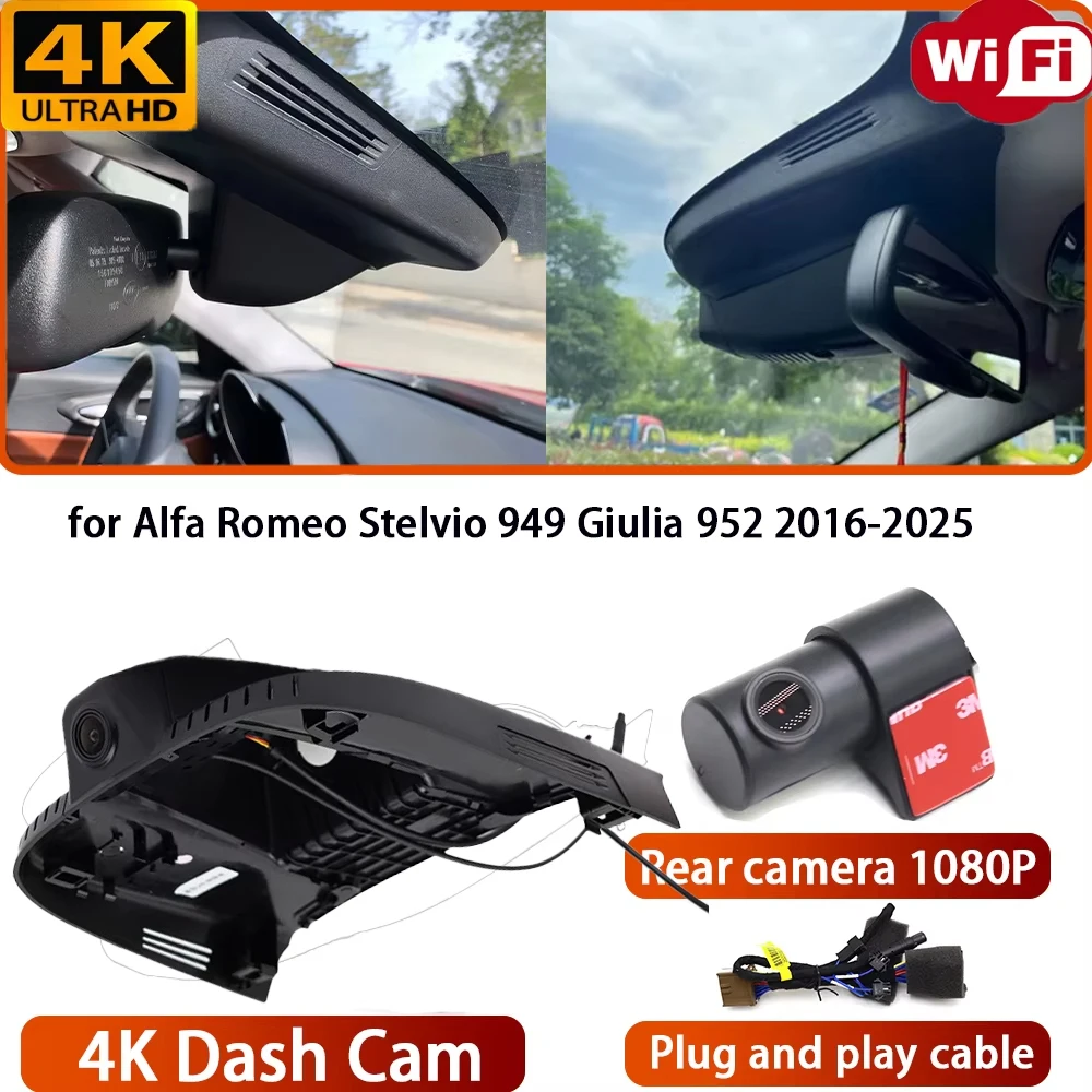 for Alfa Romeo Stelvio 949 Giulia 952 2016-2025 Video Recorder 4K DVR Dash Cam Wifi Front Camera 170° Wide Angle Loop Recording