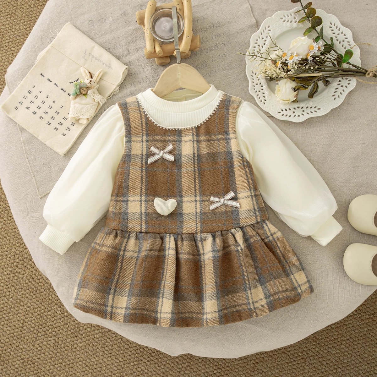 Spring And Autumn New College Style Baby Girl Checkered Dress Sweet Bow Children'S Clothing (3-18 Months)