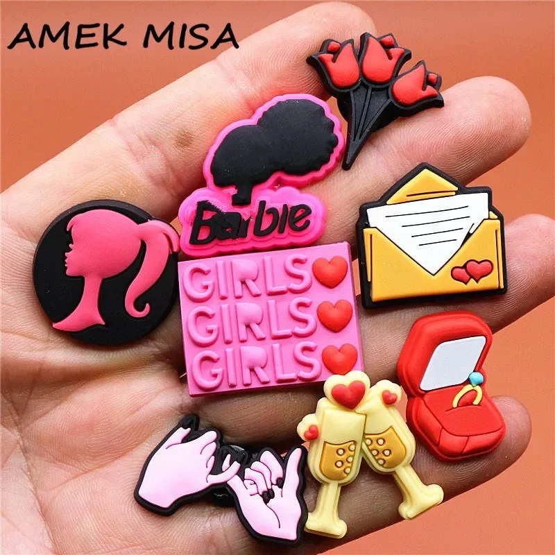 1 pcs Pink Girl Shoe Charms Rose Love Letter Pull Hook Ring Shoes Accessories Decoration Fit Kids Gifts