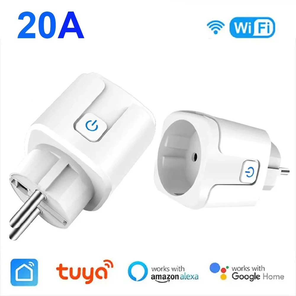 Inteligentna wtyczka WiFi Tuya EU 20A, gniazdko bez monitoringu energii, z funkcją timera, sterowanie głosowe, kompatybilna z Alexa, Google Home, Alice.