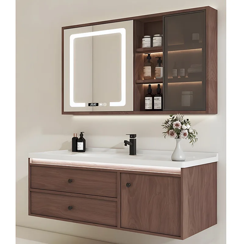

New Chinese walnut color bathroom cabinet combination hand wash face ceramic basin integrated bathroom washtable solid wood cabi