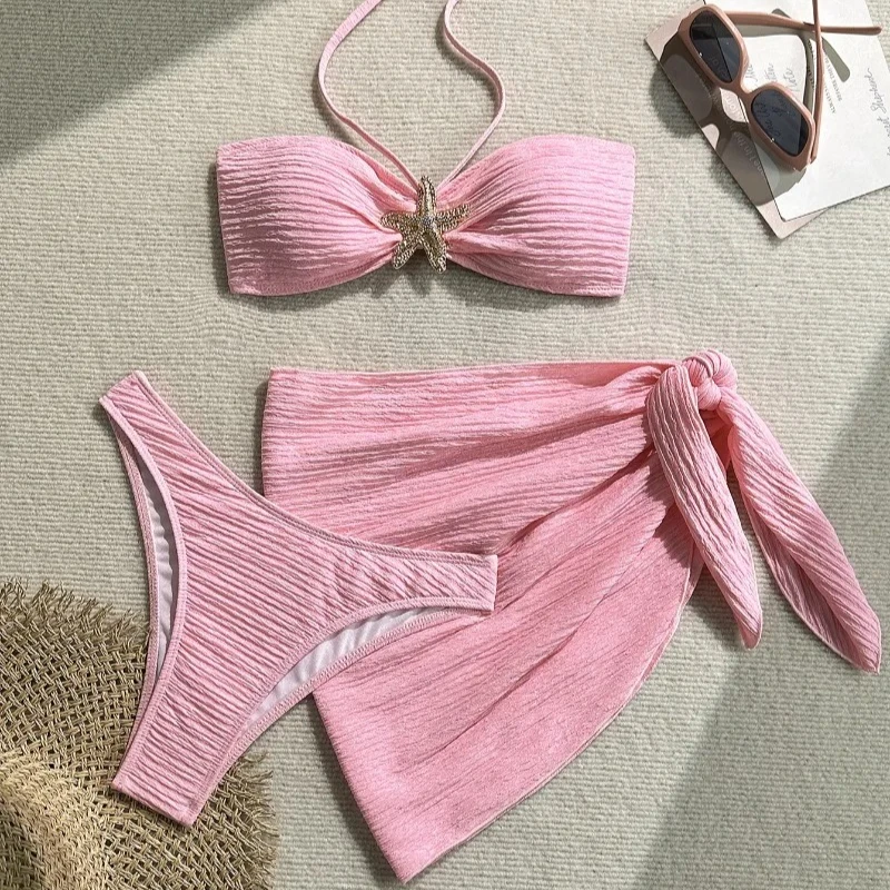 

Metal Starfish Brown Bandeau Bikinis Sets 3 Pieces Sexy Swimsuit Cover Up Women 2026 Holiday Swimwear High Cut Bather Beach Wear