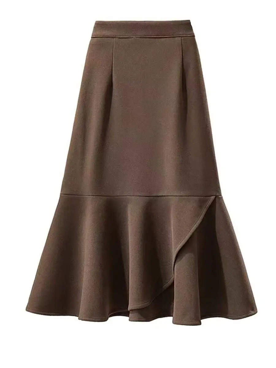 Fishtail Rok Wollen Falbala Onregelmatige Mode Zomer Vrouwen Casual 2024 Effen Kleur Hoge Taille Fishtail Lange Rokken