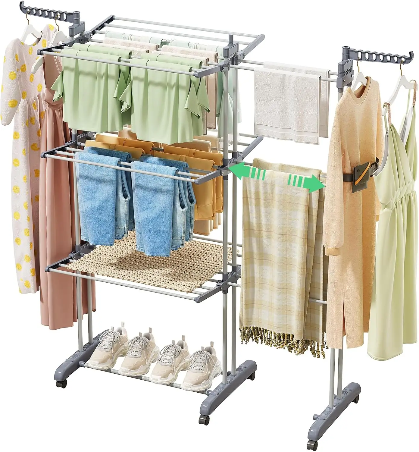 Foldable Drying Rack Clothing 30.0"W to 59.0"W Extensible Laundry Racks for Drying Clothes Oversized 4-Tier Stainless Steel