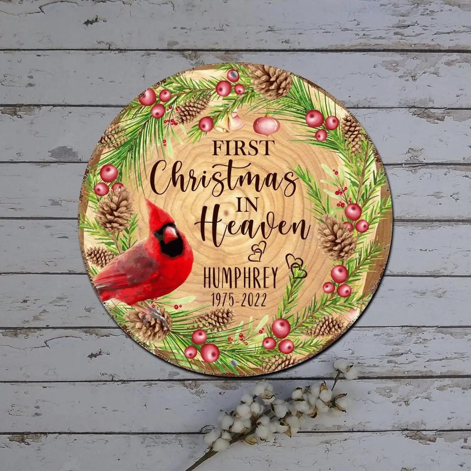 Christmas Wreath Signs First Christmas in Heaven Cardinalis Poinsettia Round Metal Tin Sign Christmas Wall Decorations Retro Pla