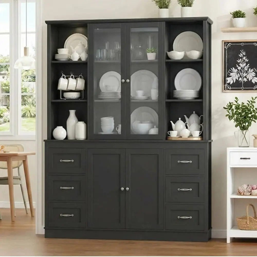 

74.4Hx63W Large Pantry Cabinet for Food Storage, Kitchen Hutch Cabinet with Storage, Glass Doors Tall Wine Bar Cabinet, Large B