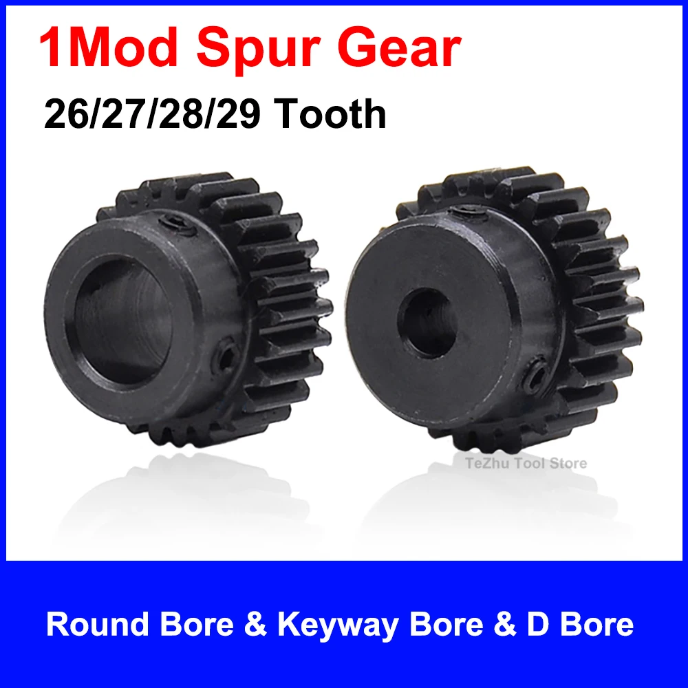 

1Pcs 1Mod Spur Gear Metal Transmission Gear 45# Steel 1M 26/27/28/29 Tooth D Bore Keyway 5mm-15mm Bore Pinion Motor Convex Gear