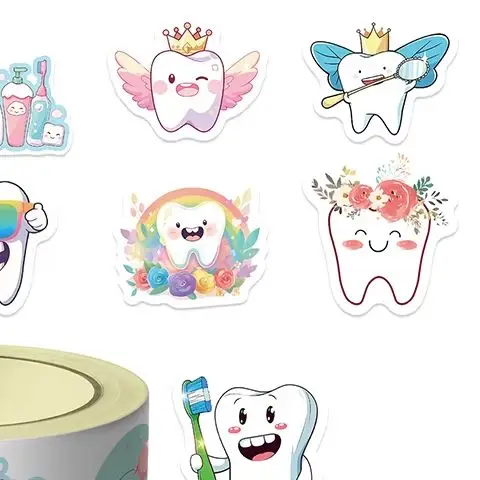 500 Sheets/roll Protect Teeth Cartoon Stickers For Kids Students Graffiti Laptop Stationery Cute Sticker Dental Clinic Gifts
