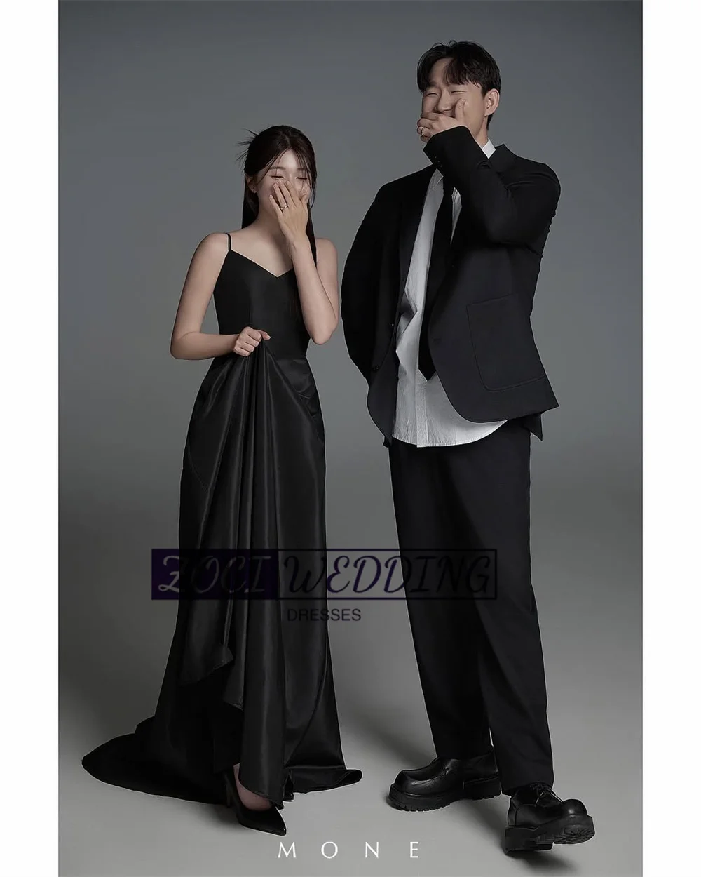 Zoci sexy decote em v coreia vestidos de noite alças espaguete preto vestido de festa de casamento fotos sessão personalizado noiva segundo vestido