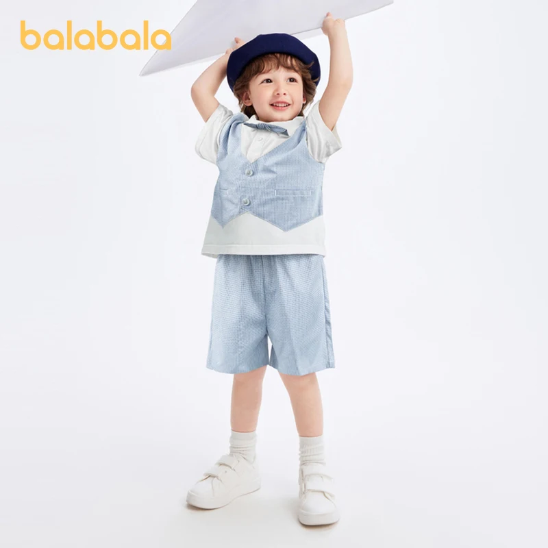 Balabala Children Clothing Baby Short Sleeve Set Boys Outfit Children 2024 Summer New Collection Stylish Plaid Suit