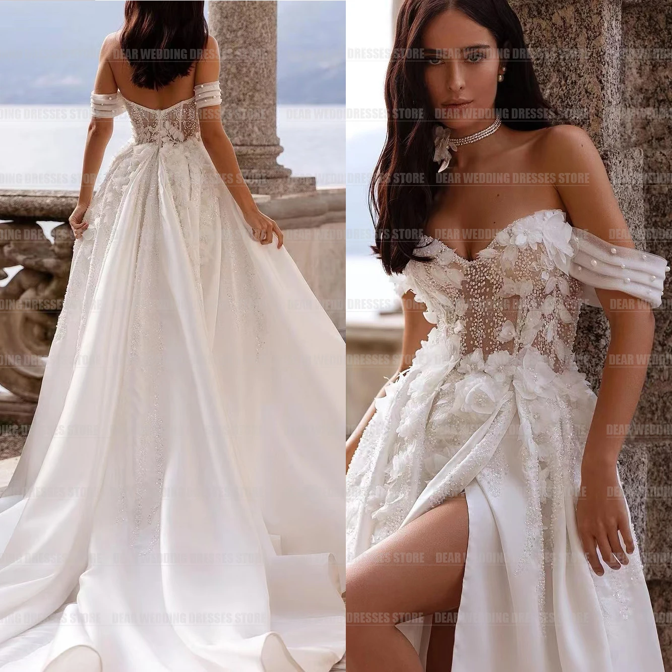 Vestidos de novia de línea A con hombros descubiertos de lujo para mujer, apliques de cuentas Sexy elegantes, encaje sin espalda, tul, vestidos de novia formales de princesa