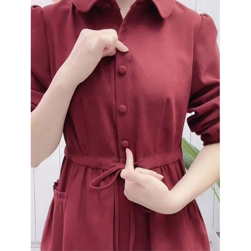 Women Vintage Fashion High Waist Lace-up Pockets Elegant Dresses Spring Autumn Ladies Solid Long Sleeve Slim Midi Dress Vestidos