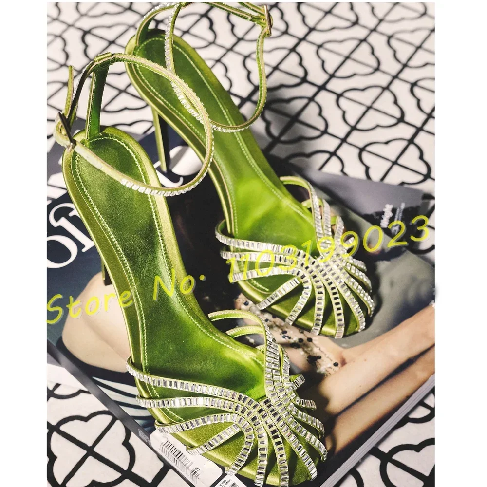 Purple Women Crystals Cage Round Toe Sandals Chic Elegant High Heels Sandals Ladies Ankle Strap Fashion Party Stiletto Shoes