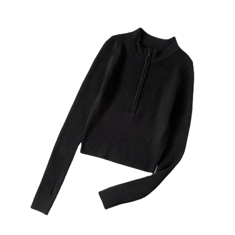 Women Elegant High Neck Solid Basic Cropped Pullover All-Match Winter Spring Fashion Y2k Zipper Front Knitted Clothing Top 2023