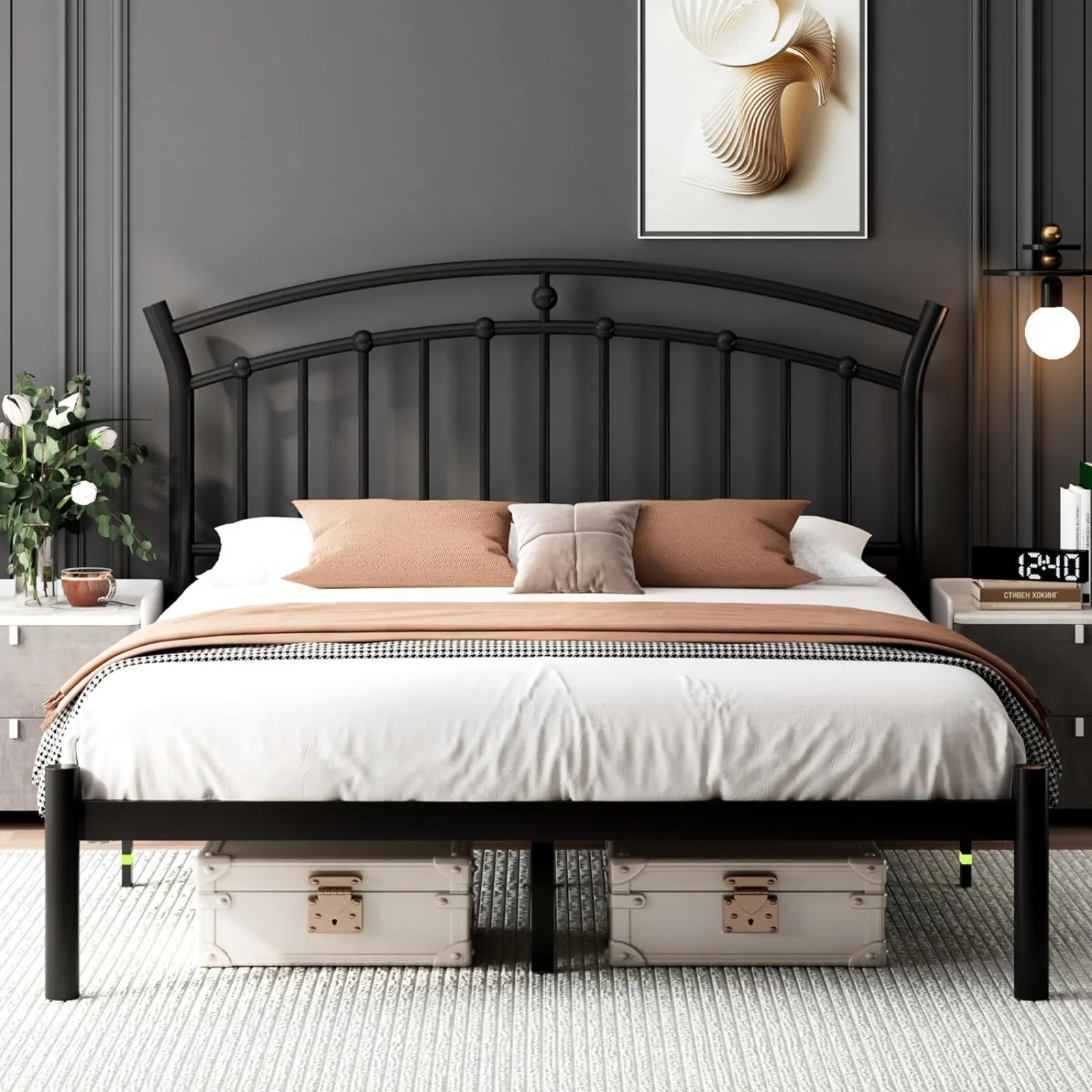 US Queen Black Bed Frame, Heavy-Duty Metal Bed Frame with 13 Hardened Steel Slats, 12