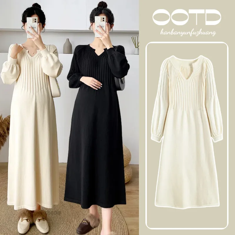 

Платье для беременных, осенне-зимнее корейское длинное трикотажное платье с базой и высококачественной юбкой внутри