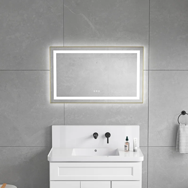 

40" LED Wall-Mounted Bathroom Mirror with Front & Backlight, Aluminum Frame, Anti-Fog, 3 Color Temperatures, Dimmable