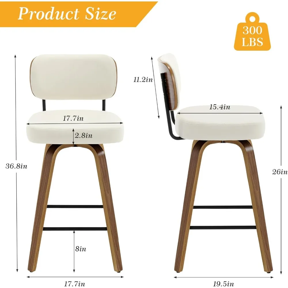 Rotating counter height bar stool set, 4 pieces of 26 inch cushioned faux leather bar stools, backrest and curved wooden legs