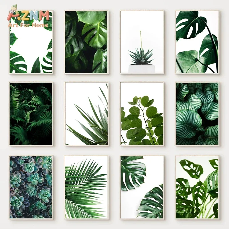 AZNM Tropical Green Plant Canvas Print Monstera Palm Fern Succulent Leaf Minimalist Botanical Fresh Home Living Room Wall Poster