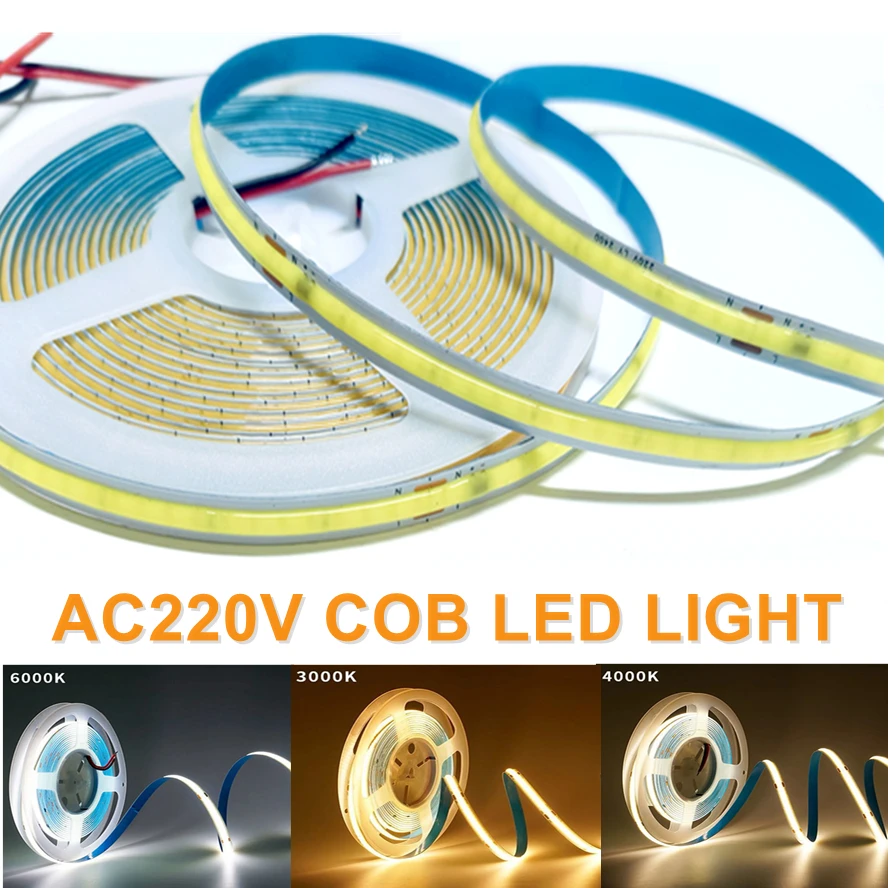 AC220V COB LED Strip Light Flexible Tape Lights Smart IC No Need Driver High Bright 240 LEDs Linear Lighting RA95 Warm White 5m