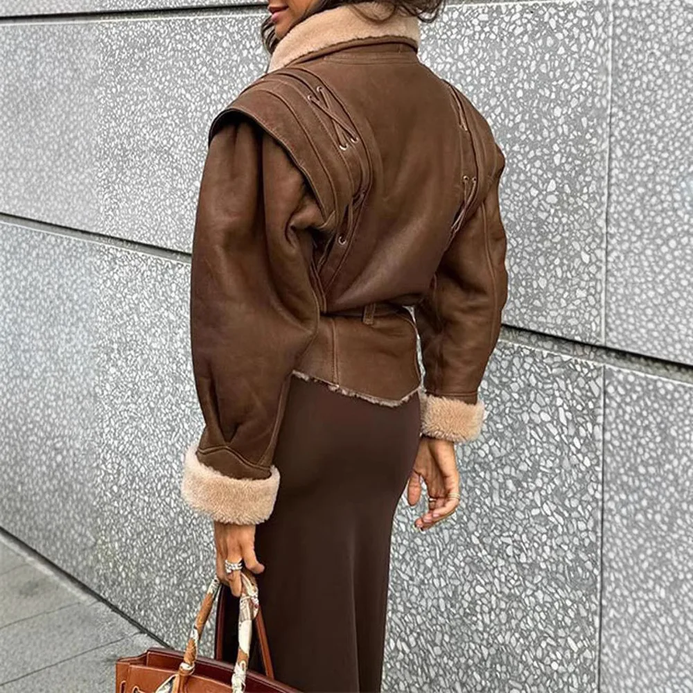 Giacca in Pelle Scamosciata da Donna Ele con Pelliccia Integrata e Cintura, Modello Cross-Border Autunno Inverno, in Pelle PU Spessa, Lunghezza Regolare