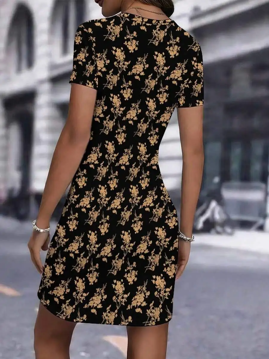 

Elegant Women Bodycon Dress With Floral Print Crew Neck Short Sleeve