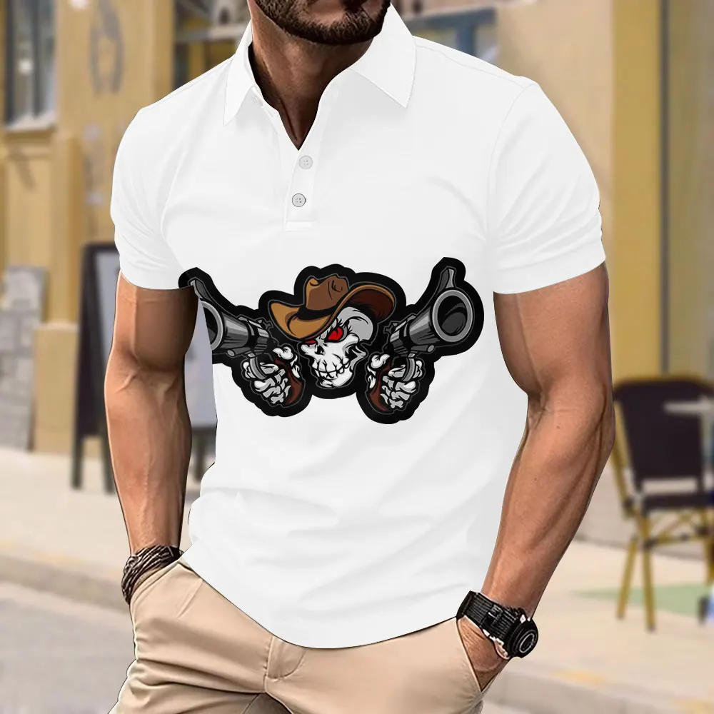 Luxury Fashion Men's Short-sleeved Polo Shirt Personality Trend Skull Casual Short-sleeved Top Summer New Street Loose Pullover