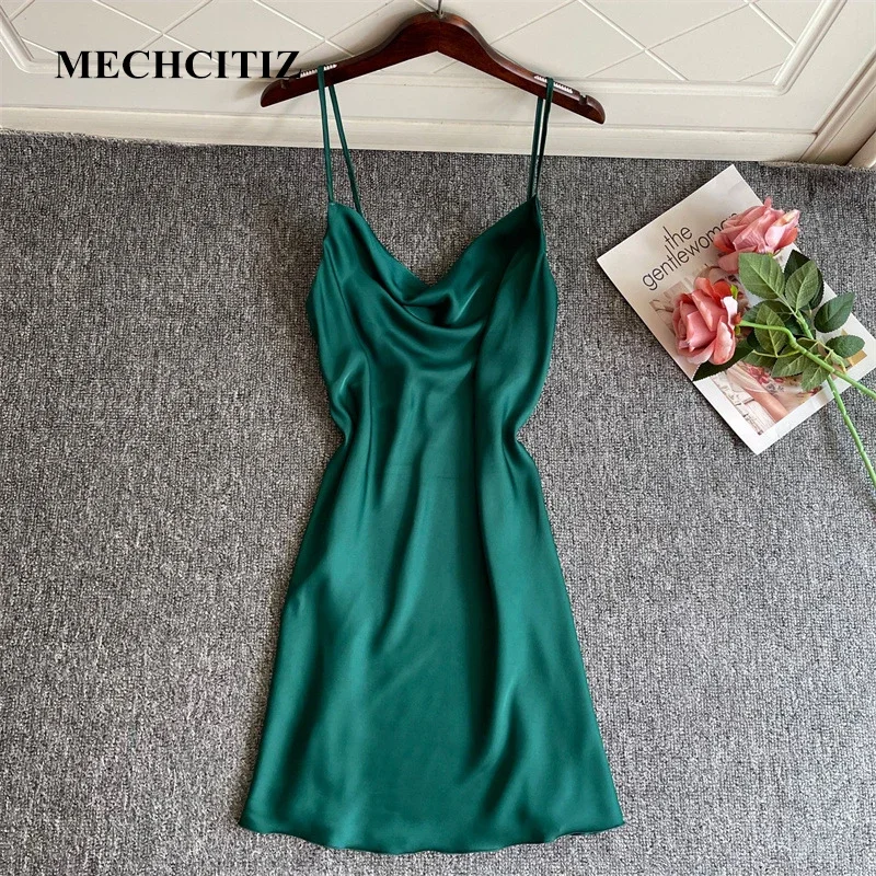 MECHCITIZ Women Silk Nightdress 2022 New Summer Home Clothes Satin Lingerie Sexy Sleepwear Nighty for Ladies Silk Nightgowns