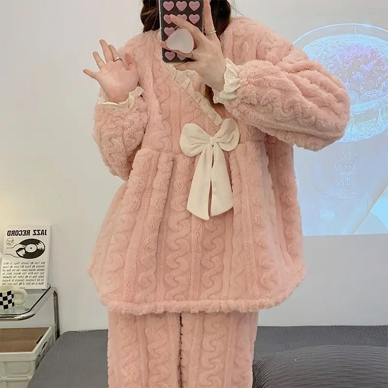 

Women's Pajamas Set Coral Fleece Winter Warm Sleepwear Cozy Homewear Suit Ladies Loungewear Fleece-Lined Comfortable Nightwear