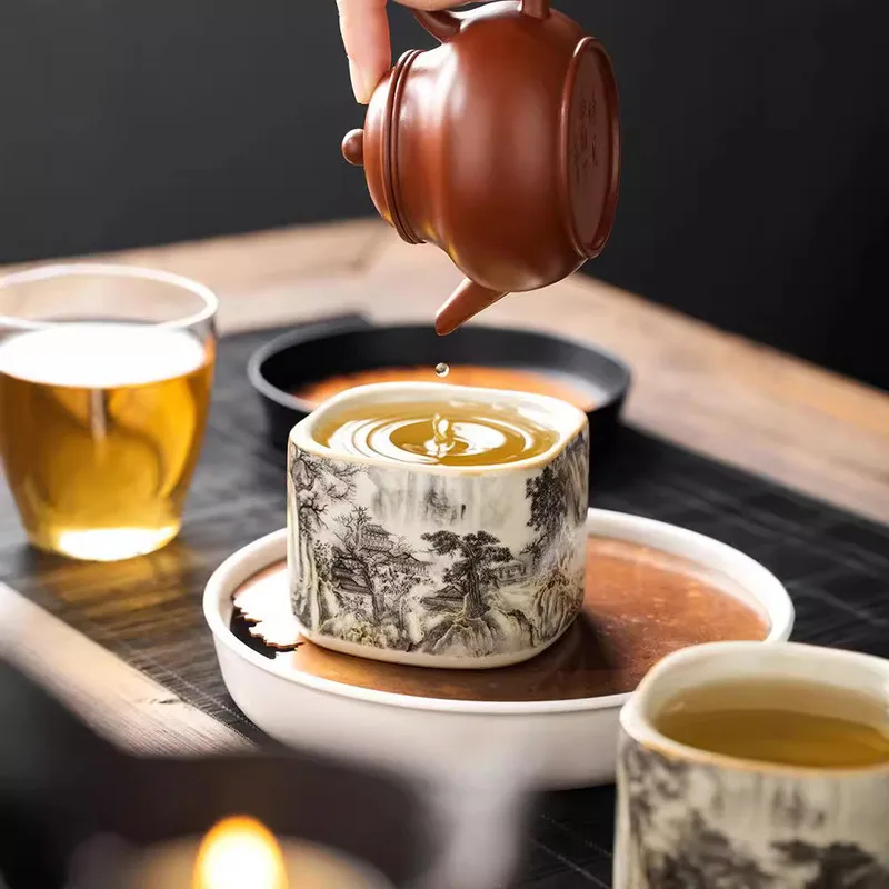 Ru Kiln Ink Landscape Chinese Square Cup Tea Cup Personal Special Ceramic Exquisite Master Cup Tea Tea Set