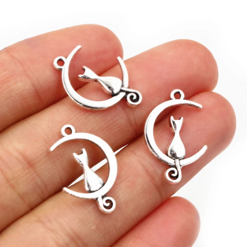 40pcs 21x14mm Antique Silver Color Cat Moon Handmade Charms Pendant DIY Jewelry Making Accessories for Bracelet Necklace