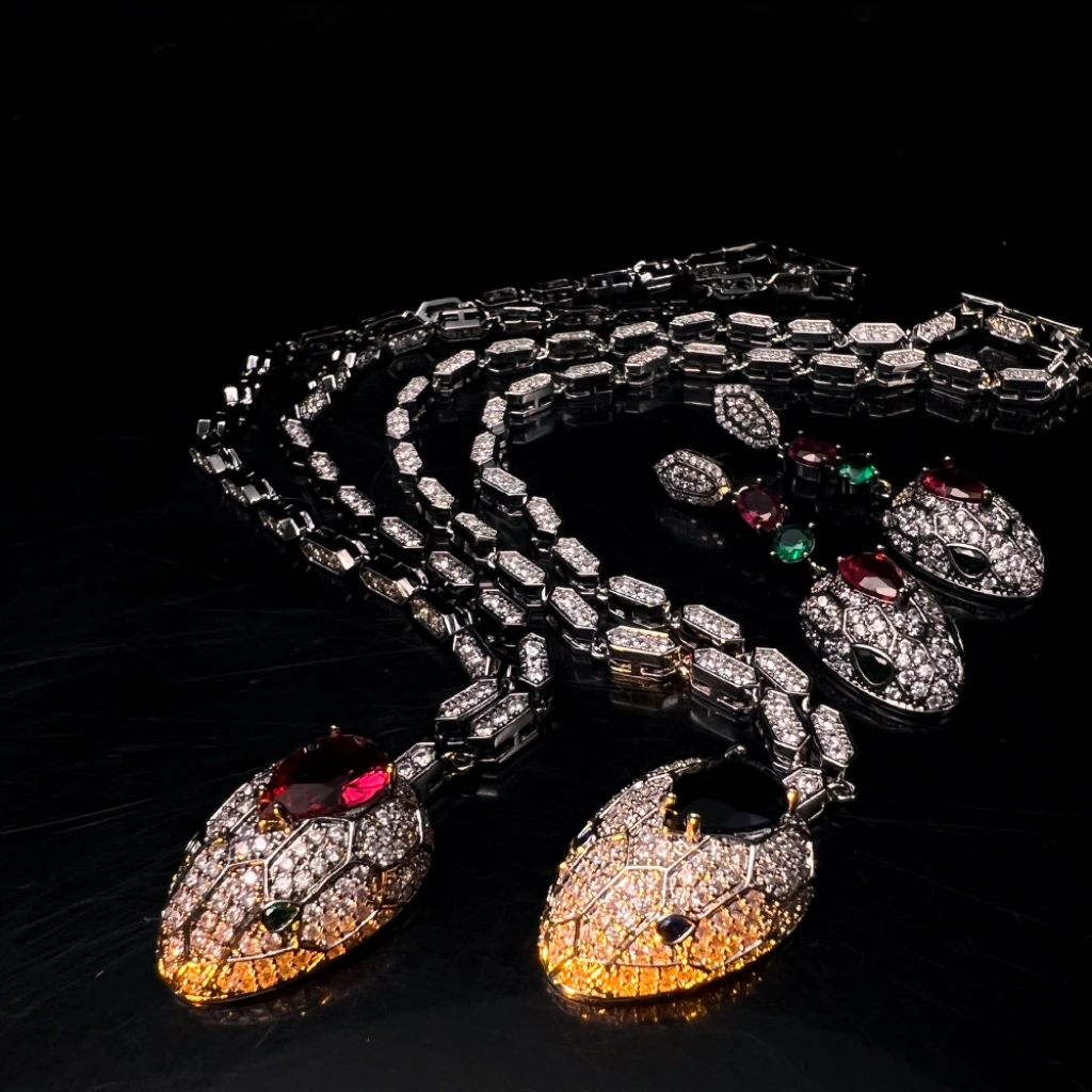 

Light Luxury Zircon Inlaid with Natural Gemstones Serpentine Pendant Necklace Earring Fashion Woman Jewelry High-Quality New