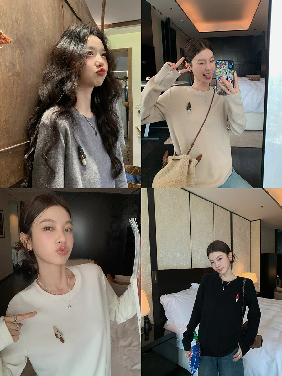 

Женская футболка Zhang Beibei Thiened Double-sided Fce Long Sve round Ne Soft Musoom aped Base irt Faion