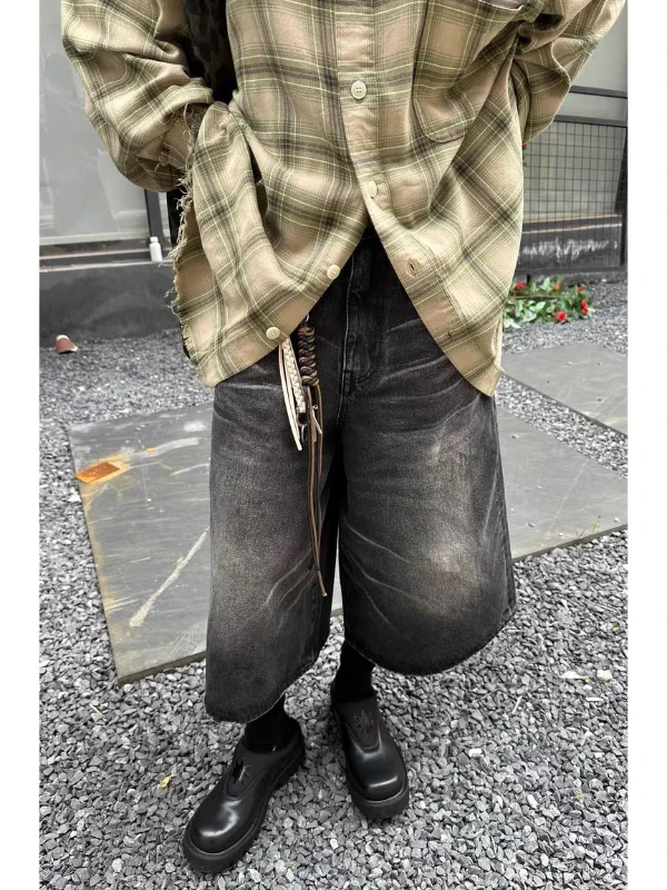 

American Style Vintage Black Denim Seven-Foot Pants Men's Summer New Street Loose High Street Wide Leg Shorts Casual Wear