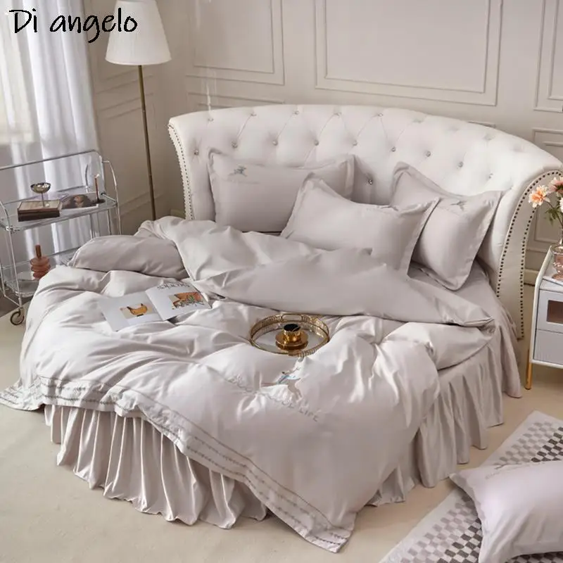 Embroidery Round Bed Skirt With Elastic Band Fitted Sheet Bedspread Non-slip Mattress Cover Romantic Duvet Cover Queen Bedding#/