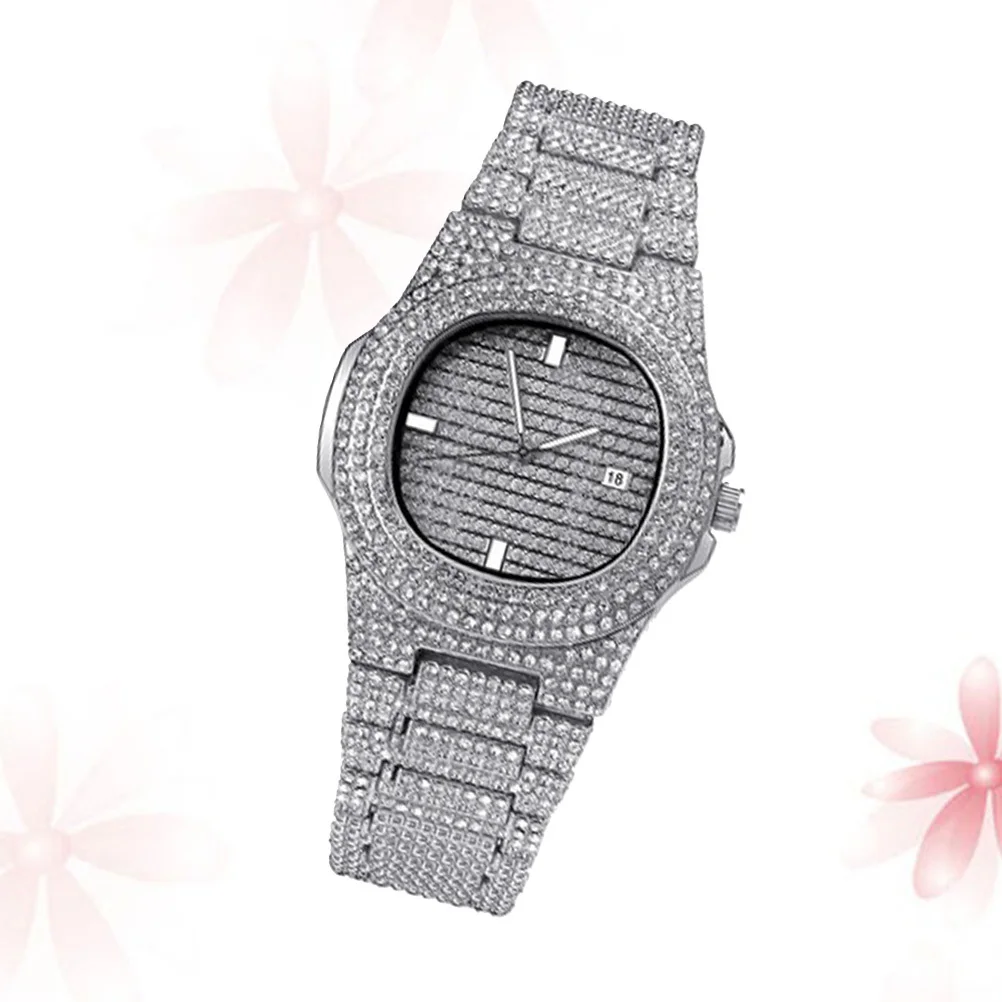 

Rhinestone Zircon Quartz Watch Band for Men Silver Stylish Waterproof Wristwatch Ideal Gift for Father Husband Boyfriend Holiday