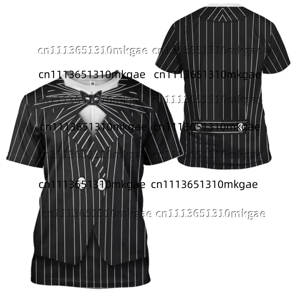 Halloween Black White Pinstripe Fake Suit Print T-shirt Unisex 3D Printed Short Sleeve Tee Cosplay Costume Crew Neck Kids Tops