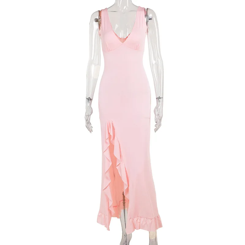 

Sexy Double V-neck Side Split Ruffles Long Dress Pink