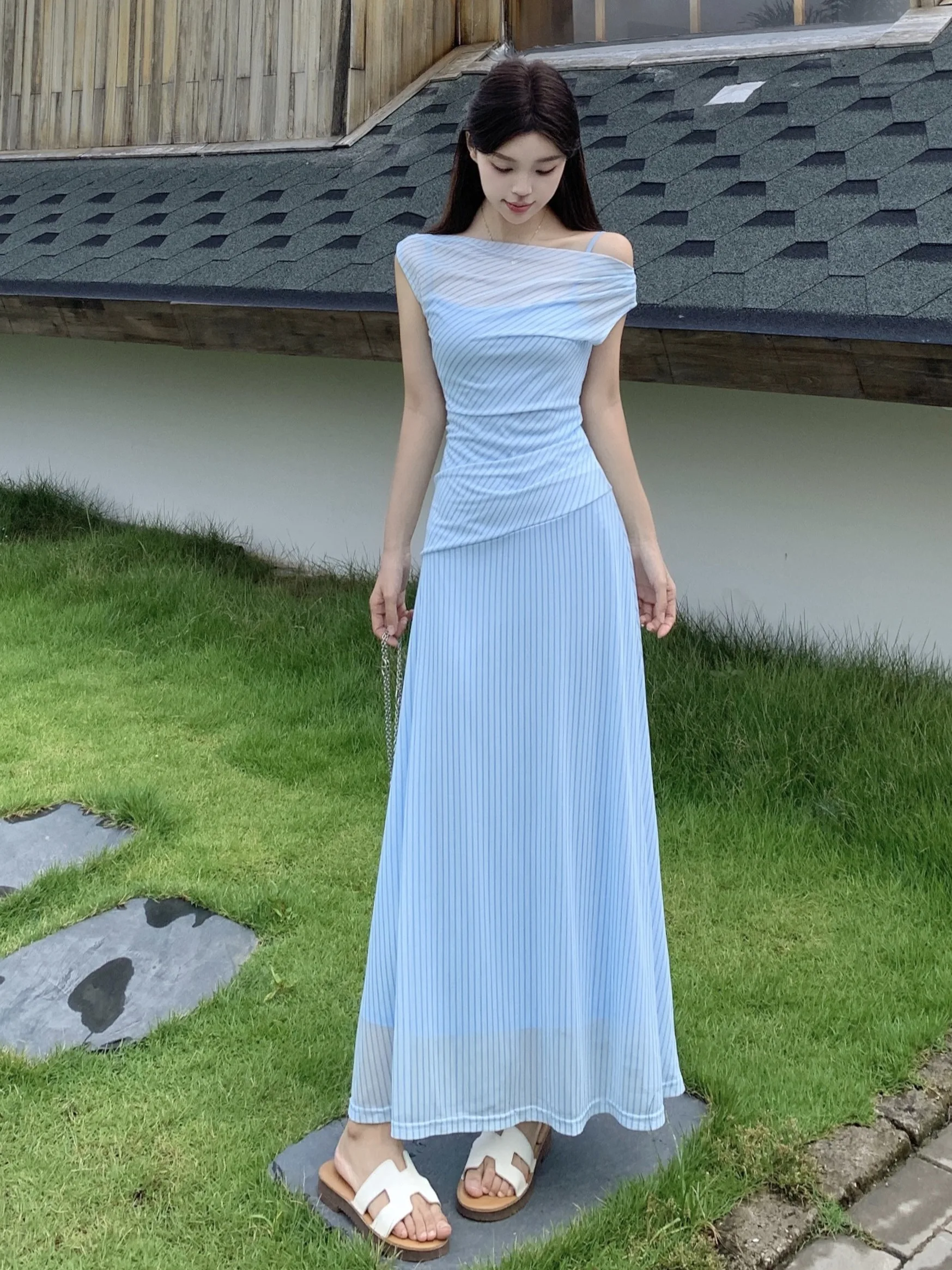 

plus Size Striped One Shoulder Dress Summer New Waist Cinching Slimming Design Folded Long Skirt Korean Style Commute Fashion
