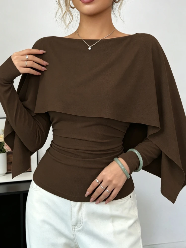 Women Boat Neck Cape Blouse Long Sleeve Fitted Layered Top Elegant Slim Fit Cloak Overlay Solid Color Office Casual Shirt Tops