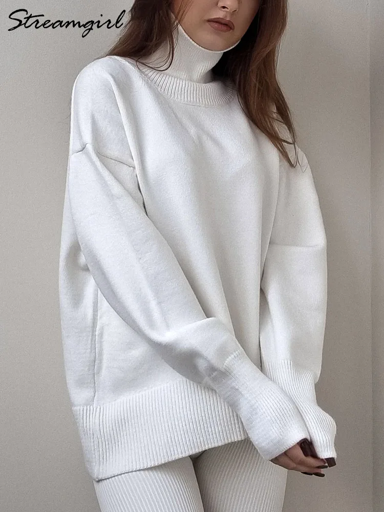 White Women\'s Turtleneck Sweater Autumn Winter Women Pullovers Loose Casual Knitwears Ladies Turtleneck Sweater Women Warm Top