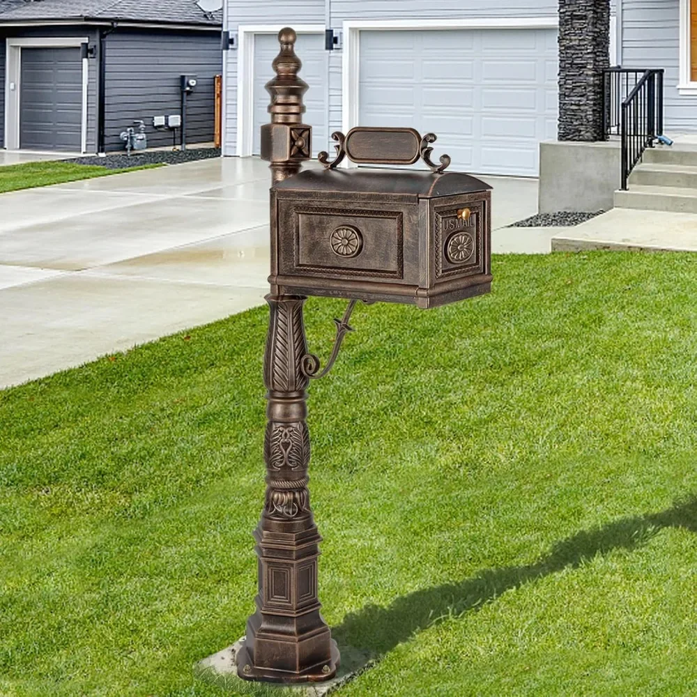 Heavy Duty Mailbox Classic Decorative Cast Aluminum Mail Box Postal Vertical Pedestal (Bronze)