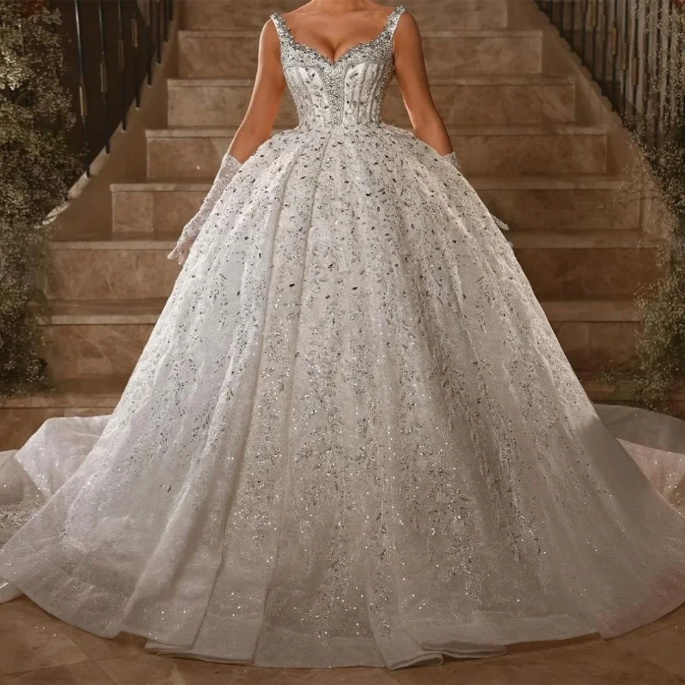 

Luxury Sweetheart Sequined Beading Sleeveless A-Line Bride Wedding Dresses Bridal Gowns Customized