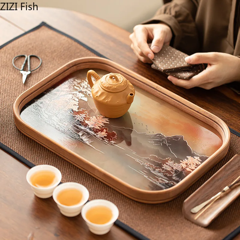 Bamboo Glass Tea Tray with Chinese Style Retro Teapot and Teacup Storage Tray Decorations Creative Tea Ceremony Accessories