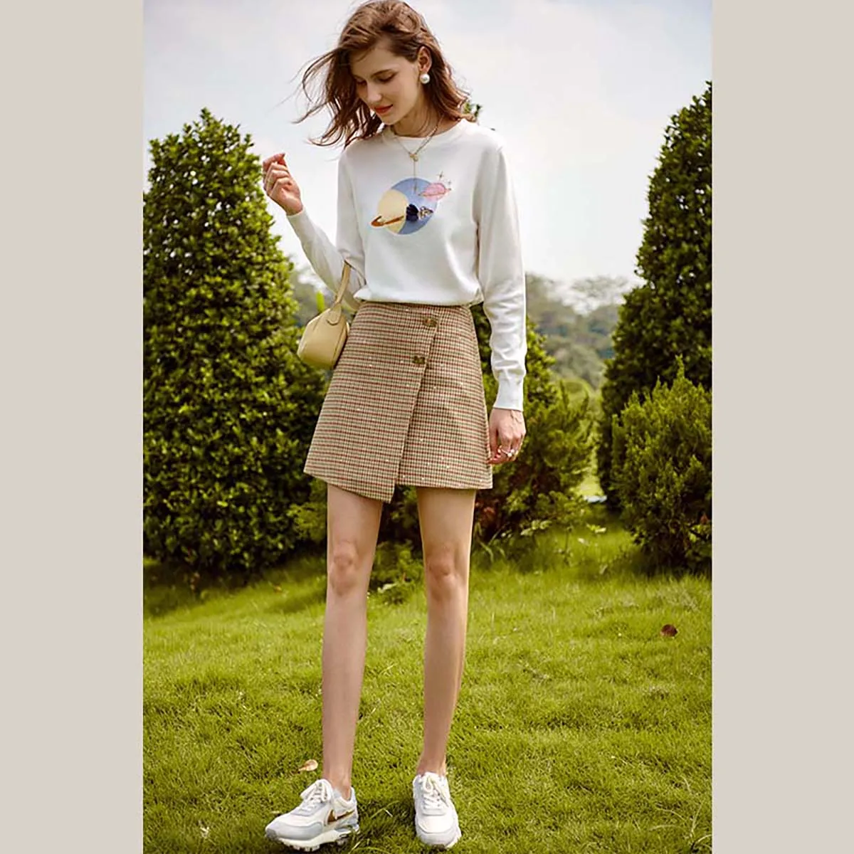 Olrain a linha xadrez mini saia feminina 2025 primavera verão moda irregular commute casual cintura alta saias emendadas o21qb53598