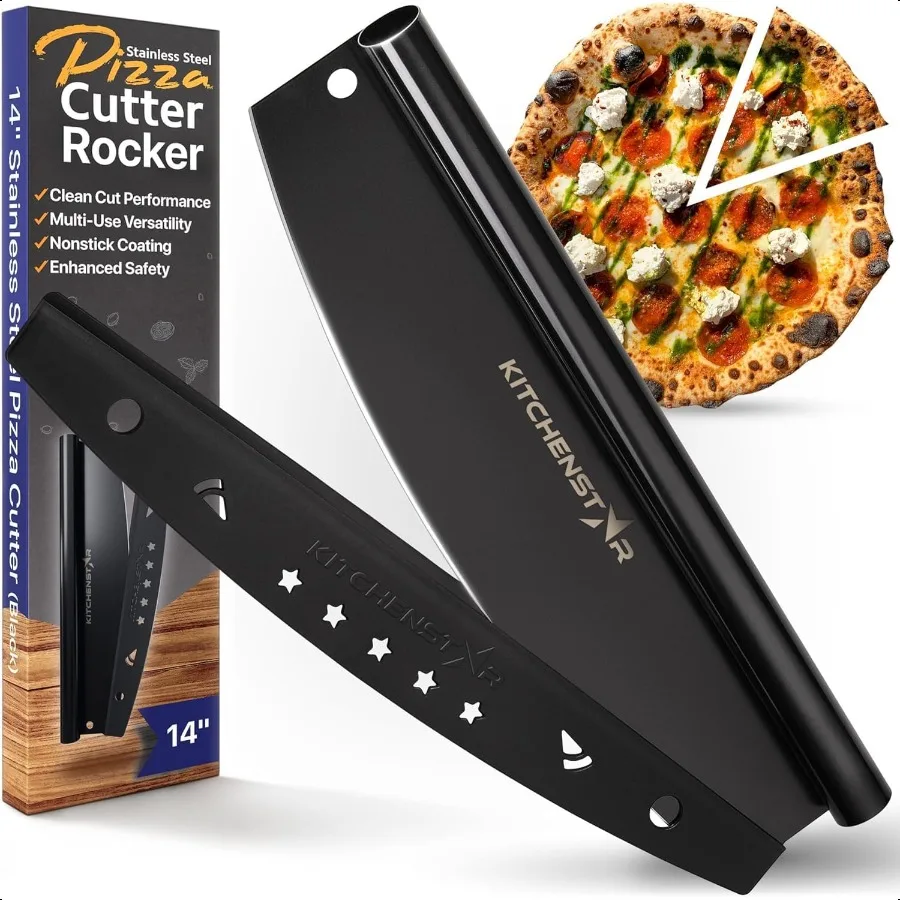 Cortador de Pizza de 14 pulgadas, hoja basculante afilada de acero inoxidable, cuchillo rebanador, cubierta protectora, antiadherente negro, horno de Pizza profesional grande Acc