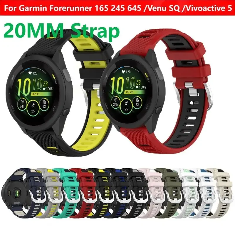 20MM Silicone Strap For Garmin Forerunner 165 245 645 Music Venu 2 SQ2 Plus Vivoactive 5 4 3 Samrt Watch Bracelet Case Watchband