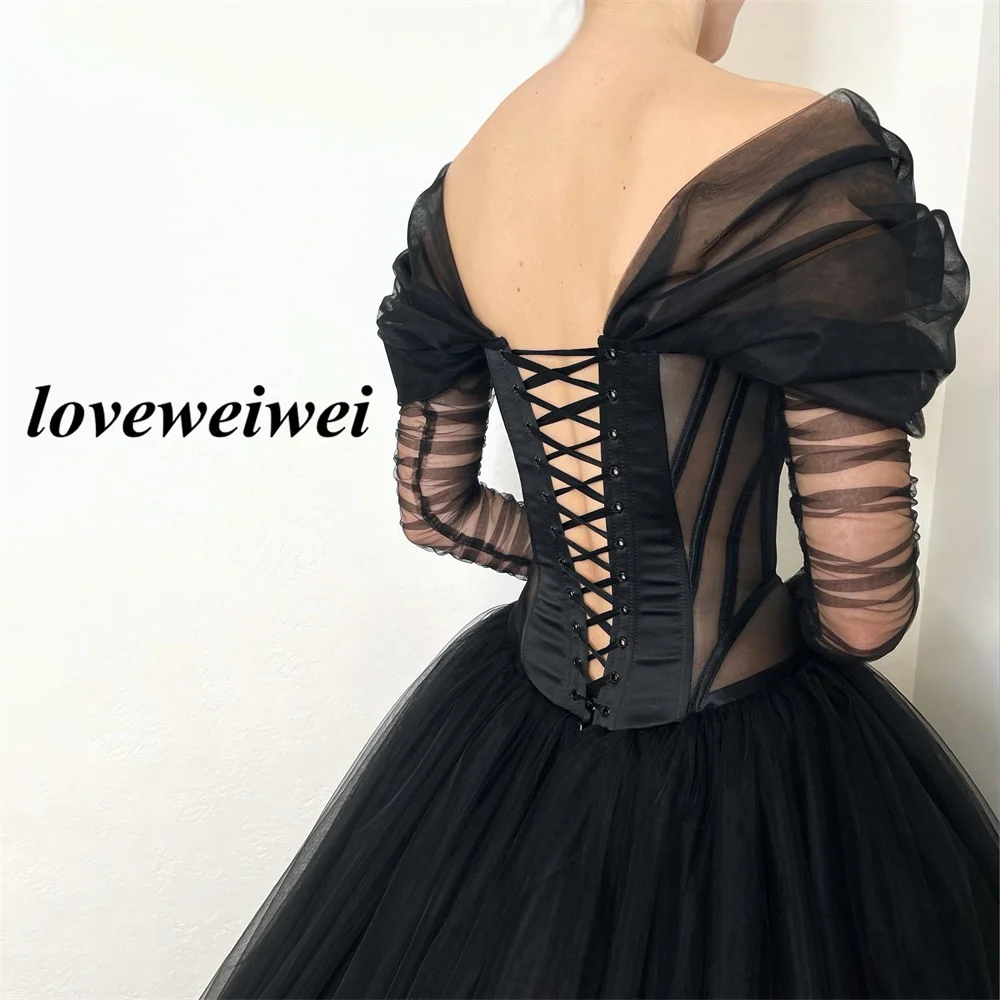 Sexy schwarze gotische Hochzeits kleid aus Schulter Korsett Abendkleider Tüll eine Linie bodenlangen Brautkleid vestido de novia