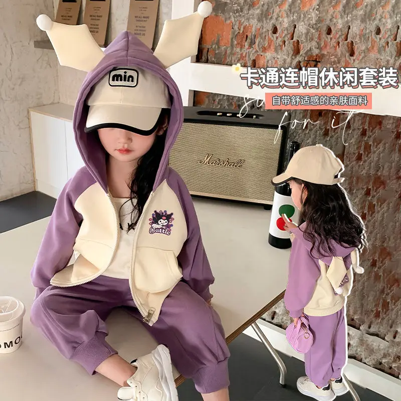 

Spring Autumn Kawaii Kuromi Anime Sanrio Long Sleeve Hooded Coat Pants Set Cute Ins Sweatpants Two-Piece Clothing Gifts for Kids